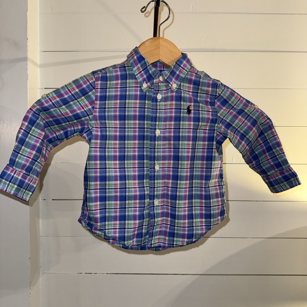 Ralph Lauren Infant 18M Plaid Button-Up Long Sleeve Dress Shirt Embroidered Logo